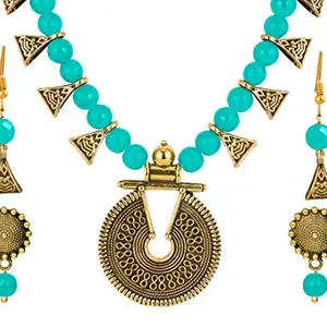 JFL - Jewellery for Less fashion Handcrafted Gold Oxidized Combo of 2 Earrings and Beaded Necklace set with Adjustable Thread (Aqua Turquoise Blue),Valentine