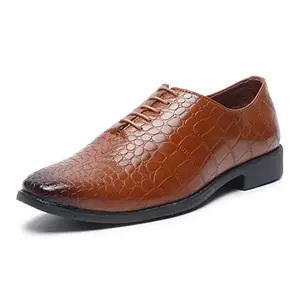 MUTAQINOTI Men's Tan Luxury Leather Shoe with Laces Textured Derby British Style Formal Shoes Officewear Slipons for Men (Size-8 UK) (TXSN)