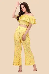 Ms. MATWALI Ms. MATWALI Women's Top with Pant Botnical Printed Co-ord Set (S, Yellow, 2)