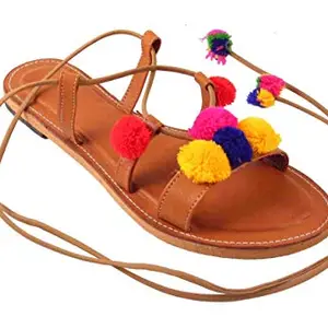 Flyrra Flyrra Designer Party Wear Leather Pom-Pom Multicolor Dori Sandal for Women's and Girls (5)