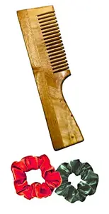 BigBro Pure Natural Wooden Comb Fine Teeth with Handle for Women and Men | Organic Antibacterial Dandruff Remover Styling Comb| Handcrafted (Pack of 1 Combs + 2 Velvet Hair Scrunchies)