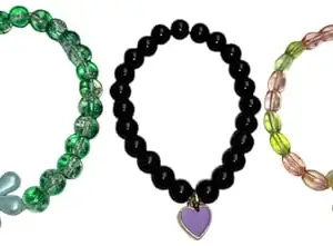 Handcrafted Bracelets for Women girls, of Multicolor Beads Combo with Floral, Bow and Heart Charms. (Set of 3 Piece)
