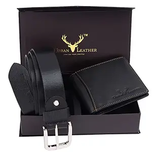 URBAN LEATHER Gift Hamper for Men | Black Genuine Leather RFID Protected Wallet and Black Genuine Leather Belt Men's Combo Gift Set