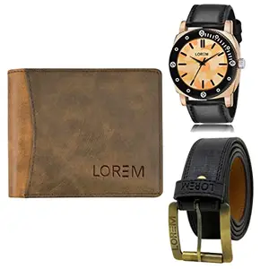 LOREM LOREM Mens Combo of Watch with Artificial Leather Wallet & Belt FZ-LR52-WL26-BL01
