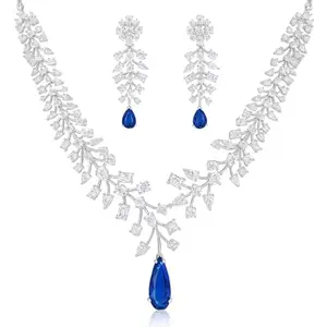 PRIVIU Stylish Blue American Diamond Jewellery Set for Women and Girls Leaf Crystal AD Studded with Drop Earrings Necklace Set for Girls | Gift for Wife