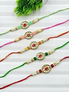 Traditional Kundan Rakhi Set, Pearl and Beaded Bracelet with Colorful Threads, Pack of 5