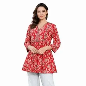 Women's Rayon Floral Printed V Neck Tunic Top Full Sleeve
