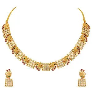 Peora Matte Gold Finish Peacock Design Necklace with Peacock Studd Earring Jewellery Set For Women