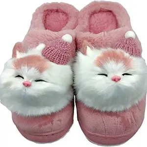 I.A Trader Women's Trendy Cute Cat Fur Flip Flops for Homewear Winter Cotton Slippers for Women's