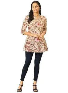 Floral and Leaf Print Pink Cotton Short Kurti for Womens