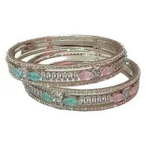 Crystal Studded Bangles Set, Mint Green and Pink Stone Design, American Diamond Kada, 2 Pieces, Silver and golden colour (silver, 2.6)