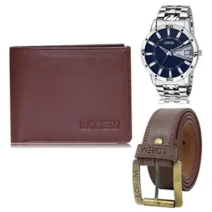 LOREM Mens Combo of Watch with Artificial Leather Wallet & Belt FZ-LR102-WL14-BL02