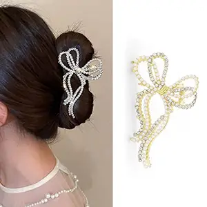 Bohend Big Bowknot Hair Claw Pearls Thick Hair Clip Rhinestone Strong Nonslip Hair Styling Accessories for Women and Girls