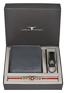 URBAN FOREST Rakhi Gift Hamper for Brother - Classic Grey Men's Leather Wallet, Black Keyring and Rakhi Combo Gift Set for Brother - 4562