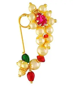 ARATI Big Size Traditional Maharashtrian Nose ring without piercing Pearl Gold Plated Nath Clip On Nose Ring For Women