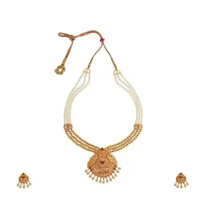 Kushal's Fashion Jewellery Ruby Gold Plated Ethnic Antique Necklace Set - 421216