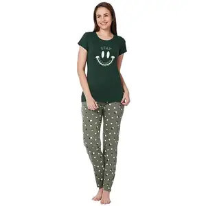 juliet Women's Printed Premium Cotton Tshirt Pyjama Set Night Suit Jon 806 Dark Green 2XL