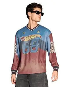 The Souled Store Hot Wheels: Men and Boys Short Sleeve Round Neck Blue Graphic Printed Casual Lightweight Drop Shoulder Streetwear Trendy Oversized T-Shirt