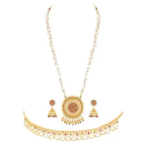 Peora Combo of Golden Necklace Set with Waist Belt Gift for Women Red Rani Pink Green_9
