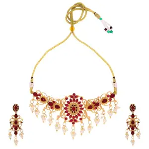 Elegant Gold Polished Indian Stone and Beads Choker Necklace Set with Matching Drop Earrings(AB_Venkkat-Maroon)