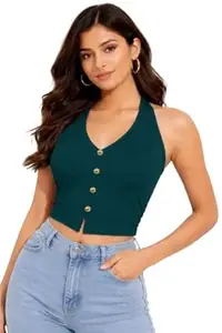 TIVANTE Solid Women's Sleeveless Halter Neck Crop Top with Gold Button Detail || Halter Neck Tops for Women Stylish