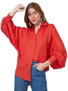 Style Quotient Women Solar Orange Solid Poly Crepe Oversized Casual Shirt