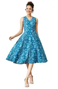 Janasya Women's Blue Pure Cotton Floral Printed Flared Dress