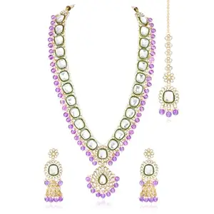 Peora Gold Plated Synthetic Stone Kundan & Beads Studded Purple Necklace Jhumki Earrings & Maangtikka Set Ethnic Jewellery for Women & Girls