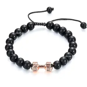 EDMIRIA Dumbbell Bracelet for Men Cool Anxiety Black Lava Agate Bead Bracelet Adjustable Fitness Yoga Barbell Bracelet Jewelry Gifts for Men Women (Matte Agate - Rose Gold)