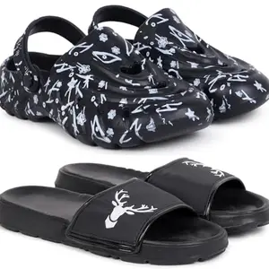 Pampy Angel Combo Pack of 2 Slipper/Flip Flops/Slides/Clogs/Sandals with Adjustable Back Strap for Men,(Cl-N11-Black,Singa-Black),8 (UK/India)