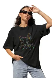 BROKE MEMERS Over Size Tshirts Colurful Cat Meme Printed Regular Fit for Women T-Shirts (Black) (L)