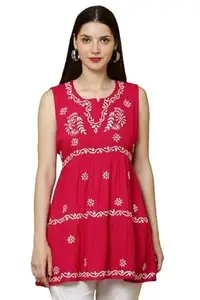 FIIZA Women’s Ethnic Fashionable Stylish Rayon Sleeveless 2 Layer Short Top with Fine Hand Embroidered Chikankari (Pink, S)