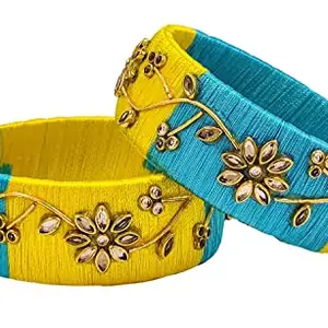 pratthipati's Silk Thread Bangles New Worked Broad Kada Bangles set (Yellow &Light Blue) (Pack of 2/6) (Size-2/6)