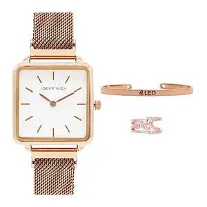 Joker & Witch Stainless Steel Women Pixie Dust Leo Love Triangle Analogue Watch, White Dial, Rose Gold Band