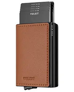 VULKIT Pop Up Wallet Automatic Leather Slim Credit Card Holder RFID Blocking Metal Double Card Case for Men and Women, Brown,
