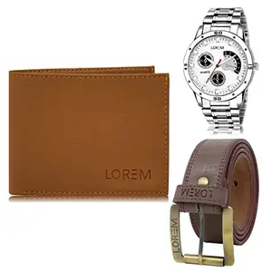 LOREM Mens Combo of Watch with Artificial Leather Wallet & Belt FZ-LR101-WL02-BL02