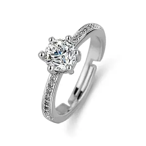 Jewels Galaxy Silver Plated American Diamond Studded Contemporary Solitaire Adjustable Finger Ring (SMNJG-RNGG-5219)