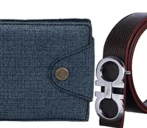 Poland Men's PU Belt and Wallet Combo Gift Set (Blue and Brown)
