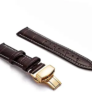 EWatchAccessories 22mm Brown Deployment Buckle Watch Band Strap Yellow Clasp Buckle