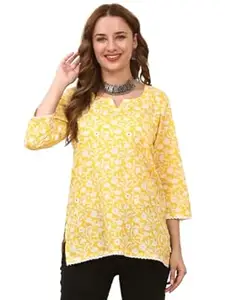Aarvi Ethnic Cotton Kurti for Women | Yellow Kurti with Lace & Real Mirror Work | Daily & Casual Ethnic Wear