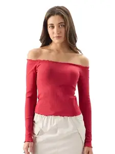 The Souled Store Bittersweet Ribbed Women and Girls Off Shoulder Neck 100% Cotton Slim Fit Full Sleeves Tops Red Graphic Tops Casual Fashion Full Sleeves Round Neck Printed Styles Trendy Abstract