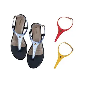 Cameleo -changes with You! Women's Plural T-Strap Slingback Flat Sandals | 3-in-1 Interchangeable Leather Strap Set | Silver-Red-Yellow