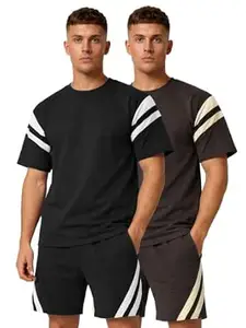 CHKOKKO Men’s Co-Ord Set Premium Cotton Blend Oversized T-Shirt & Shorts Cord Set with Side Pockets Round Neck Half Sleeves Solid with Contrasting Stripes Summer or Casual Wear