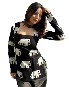 Women’s Cotton Long Sleeve Square Neck Elephant Printed Short Kurti