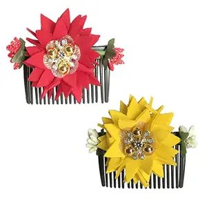 Arooman™ Acrylic Comb and Cloth Flower Hair side Comb/Clip Flower Design Juda Comb,For Women And Girls Pack -02, Color-Yellow,Red