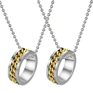 Adhvik (Set Of 2 Pcs Unisex Silver & Golden Funky Rotatable Cuban Link Chain Inlaid Spinner Fidget Round Shape Circle Ring Pendant Locket Necklace With Ball Chain
