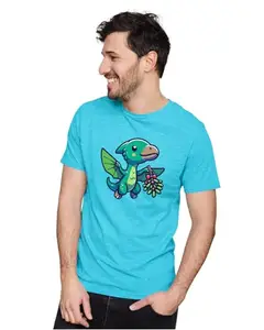 ALLEN BLACK Men's & Women's Regular Fit T-Shirt Chibi Christmas Pterodactyl Dinosaur 100% Cotton Unise T-Shirt Sky Blue_DERADSUNX-Sky Blue 2XL Men Round_