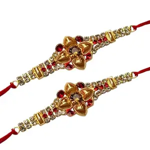 Rakhi for brother Rakhi Set of 2, Gold-Plated Flower Design with Red and Clear Crystal Stones, Red Thread