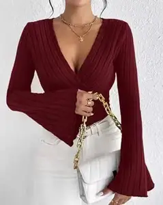 SILES FASHION Women Casual Flared Sleeve Self Design Blue Top Stylish Regular Fit Soft Fabric Trendy Office Party Top