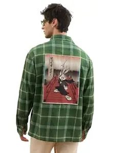 The Souled Store Bugs Bunny: Samurai Men and Boys Long Sleeve Spread Collar Green Embroidered Cotton Lightweight Easy to Style Everyday Streetwear Trendy Casual Relaxed Shirt